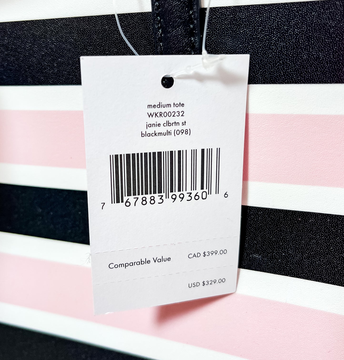 New Authentic Kate Spade WKR00232 Janie Celebration Stripe Medium Tote Bag Black Multi