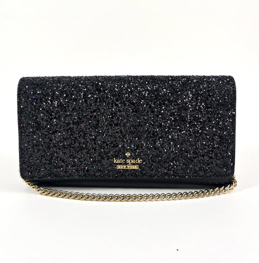 New Authentic Kate Spade WLRU5186 Milou Laurel Way Glitter Clutch Wallet Black