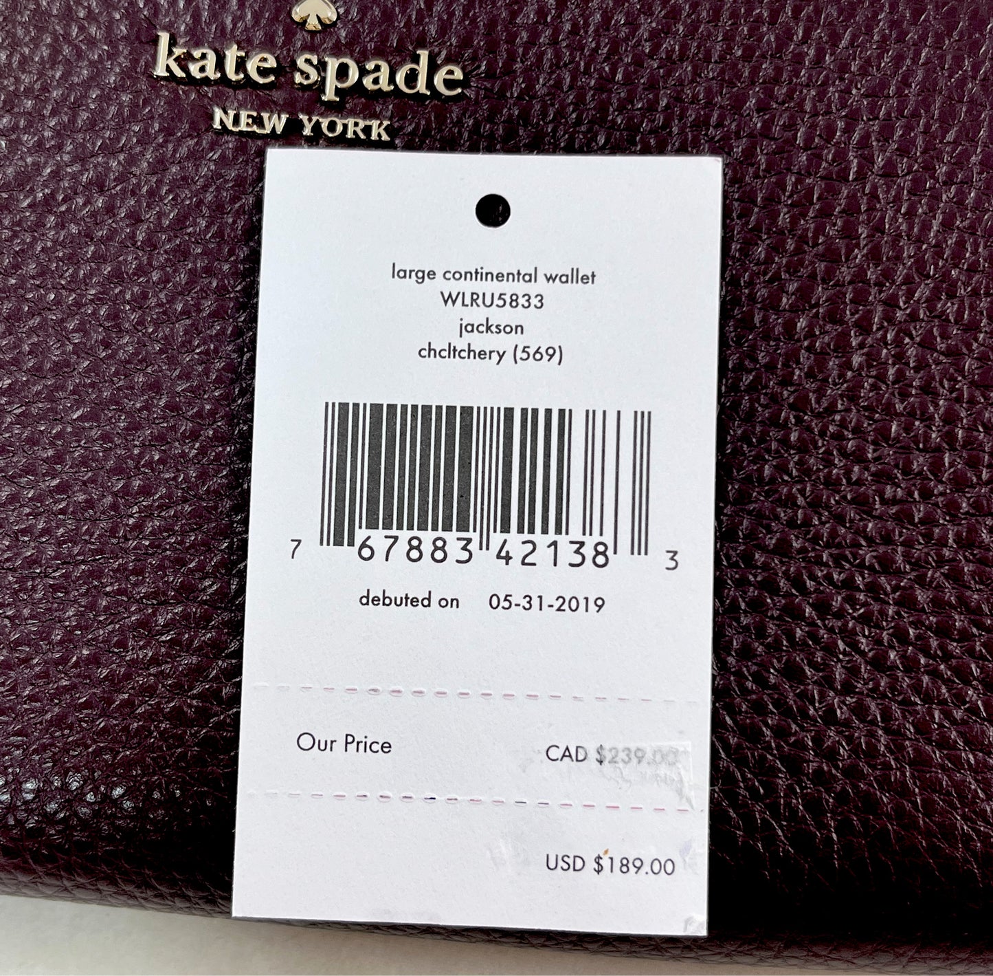 New Authentic Kate Spade WLRU5833 Jackson Large Continental Wallet Chocolate Cherry