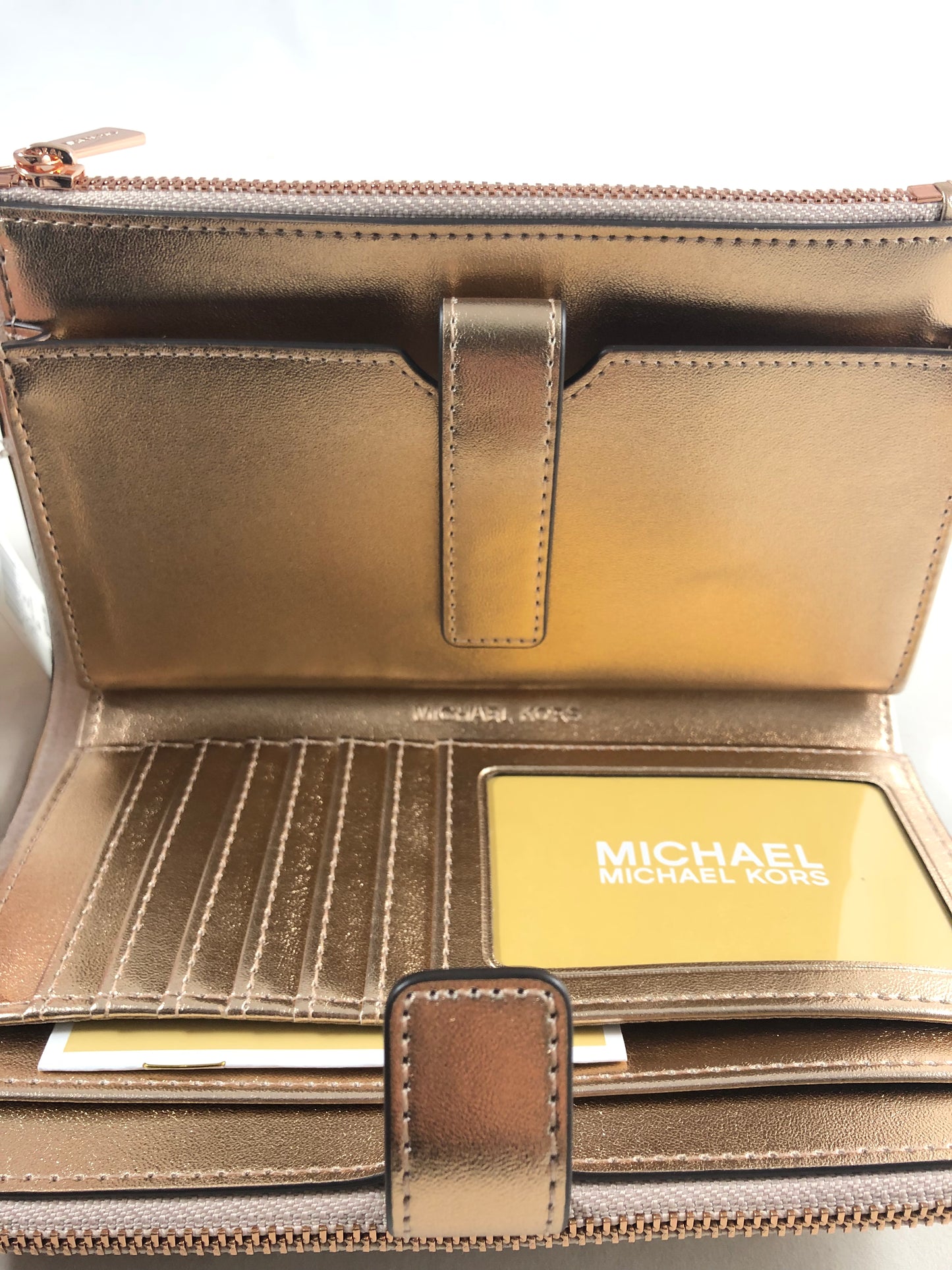 New Authentic Michael Kors Jet Set Travel Metallic Large Double Zip Wristlet Wallet