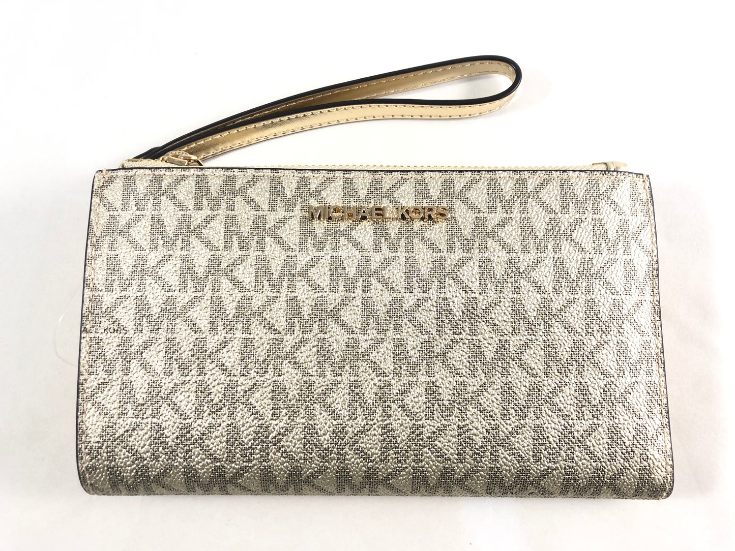 New Authentic Michael Kors Jet Set Travel Metallic Large Double Zip Wristlet Wallet